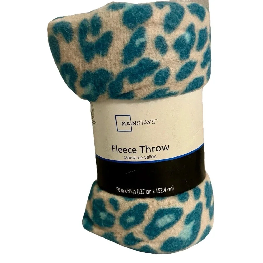 MainStay Tan/Beige Leopard Green/Aqua spots pattern Theme 50x60 fleece throw